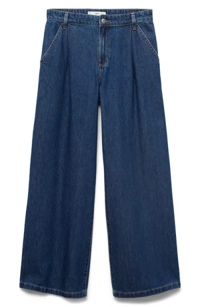Mango Pleated Wide Leg Jeans In Blue