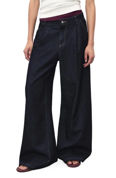 Mango Pleated Wide Leg Jeans In Blue