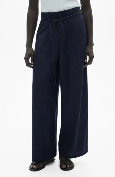 Mango Pleated Wide Leg Pants In Dark Navy
