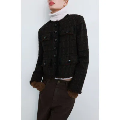 Mango Pocket Tweed Jacket In Black