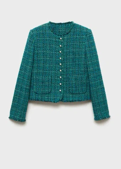 Mango Pocket Tweed Jacket Petrol Blue