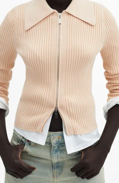 Mango Point Collar Zip Cardigan In Beige