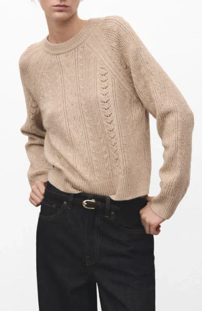 Mango Pointelle Crewneck Sweater In Brown