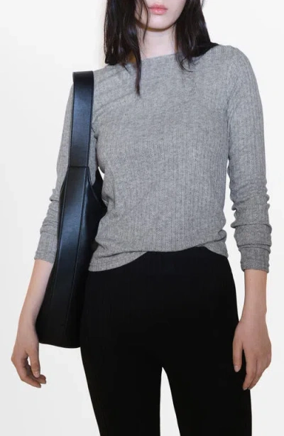 Mango Pointelle Long Sleeve T-shirt In Medium Heather Grey
