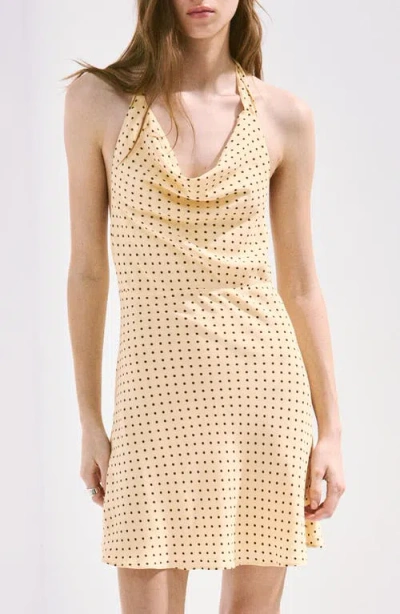 Mango Polka Dot Draped Neck Halter Minidress In Yellow