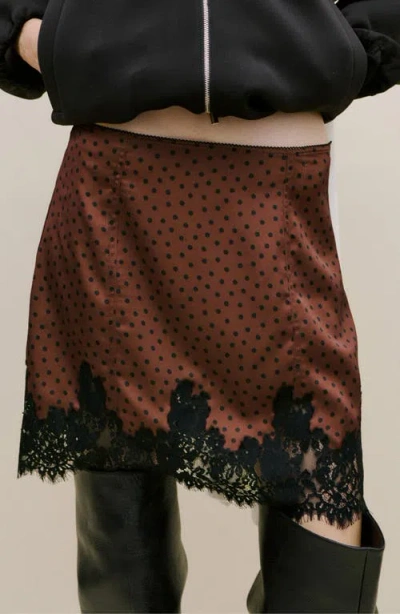 Mango Polka Dot Lace Trim Satin Skirt In Brown