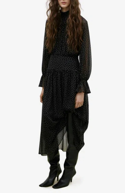 Mango Polka Dot Long Sleeve Midi Dress In Black
