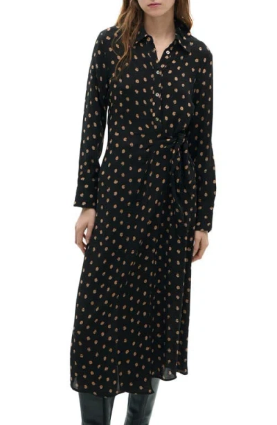 Mango Polka Dot Long Sleeve Shirtdress In Black