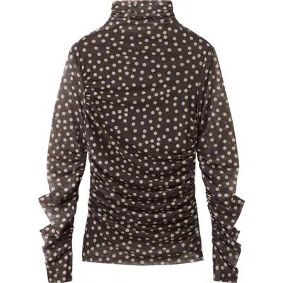 Mango Polka Dot Ruched Turtleneck Mesh Top In Brown