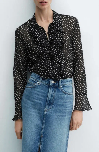 Mango Polka Dot Ruffle Semisheer Long Sleeve Blouse In Black