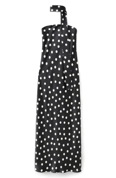 Mango Polka Dot Strapless Midi Dress With Scarf Detail In Black