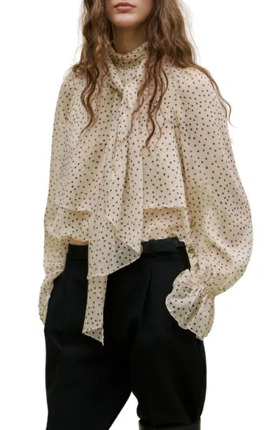 Mango Polka Dot Tie Neck Top In Brown