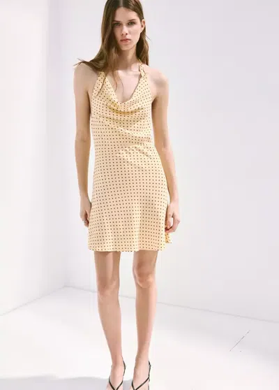 Mango Polka-dot Dress With Draped Neckline In Pastel Yellow