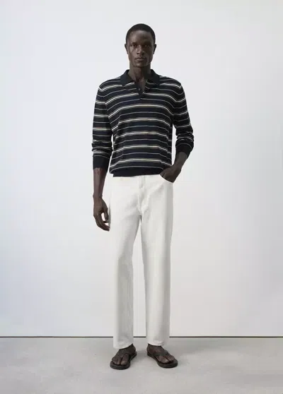 Mango Polo 100 % Coton Maille Fine Rayée In Blue