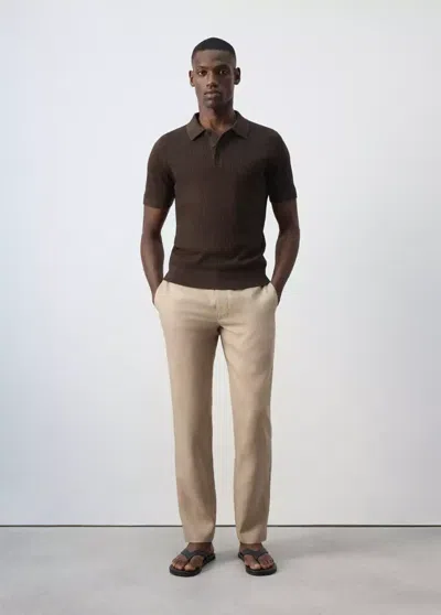 Mango Polo 100 % Coton Maille Structure In Brown
