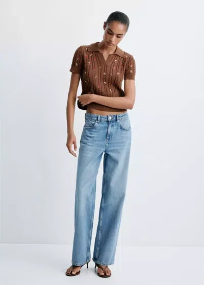 Mango Polo En Jersey Avec Broderies Florales In Brown