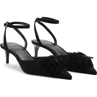 Mango Pompom Ankle Strap Kitten Heel Pump In Black