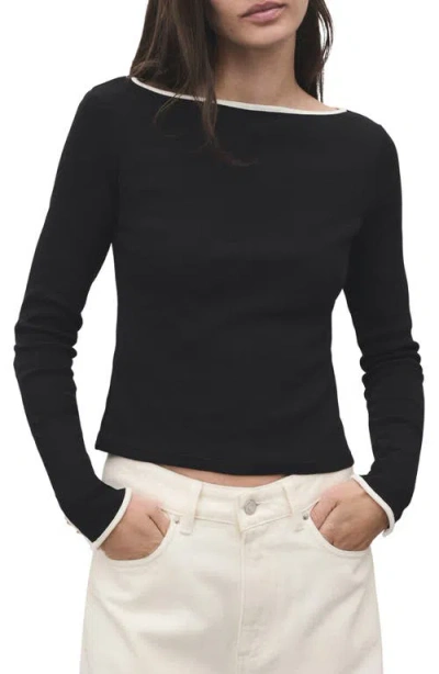 Mango Porta Stripe Cotton Long Sleeve T-shirt In Black