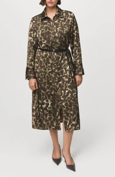 Mango Print Belted Long Sleeve Maxi Shirtdress In Brown