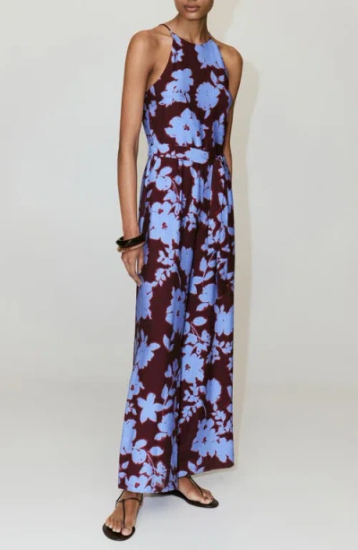 Mango Print Belted Sleeveless Jumpsuit In Blue