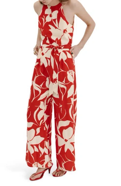 Mango Print Belted Sleeveless Jumpsuit In Red