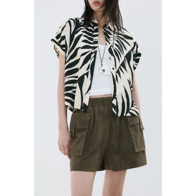 Mango Print Button-up Roll Cuff Shirt In Black