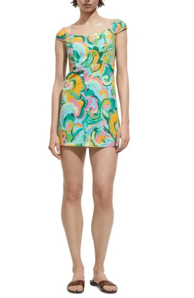 Mango Print Cap Sleeve Cotton Blend Minidress In Green