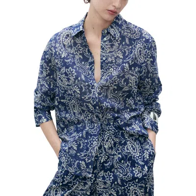 Mango Print Cotton Button-up Shirt In Blue