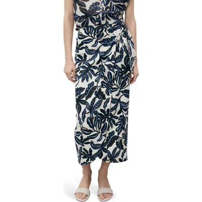 Mango Print Linen Blend Faux Wrap Midi Skirt In Blue