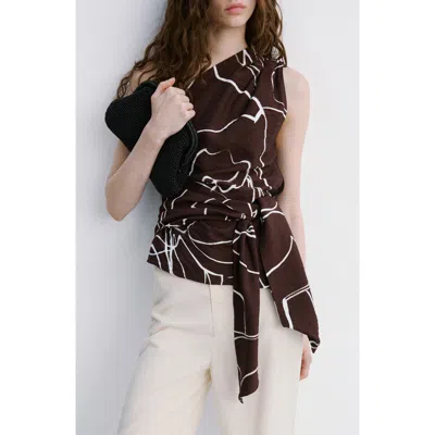 Mango Print One-shoulder Tie Waist Top In Brown