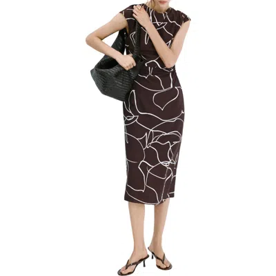 Mango Print Ruched Midi Dress In Brown