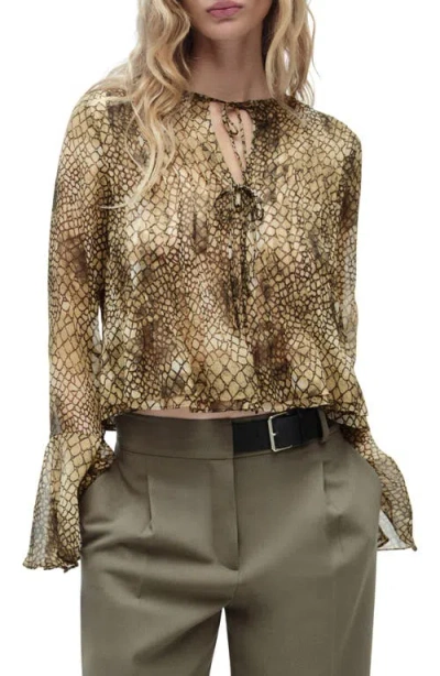 Mango Print Ruffle Cuff Top In Brown