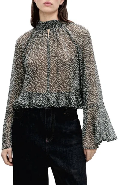 Mango Print Ruffle Top In Black