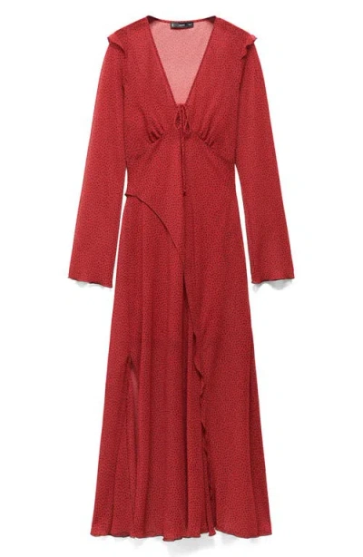 Mango Print Semisheer Long Sleeve Maxi Dress In Red