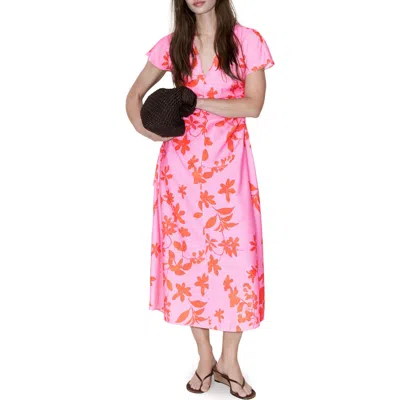Mango Print Side Ruched Maxi Dress In Pink