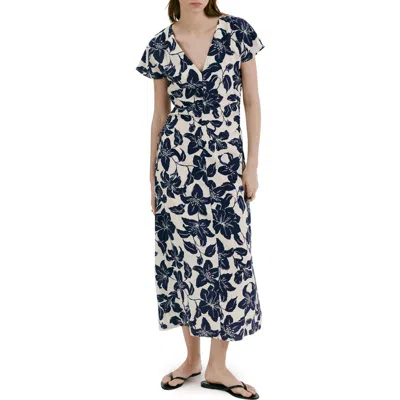 Mango Print Side Ruched Maxi Dress In Blue