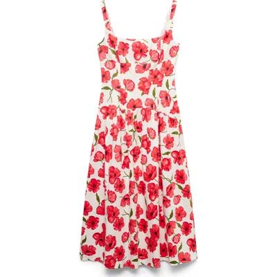 Mango Print Sleeveless Flare Dress In White