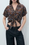 Mango Print Tie Hem Crop Shirt In Brown