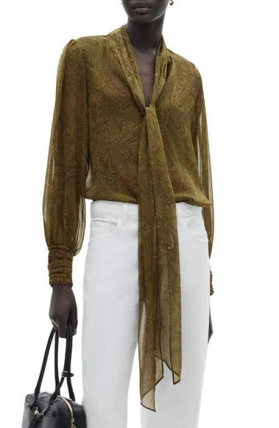 Mango Print Tie Neck Shirt In Medium Green