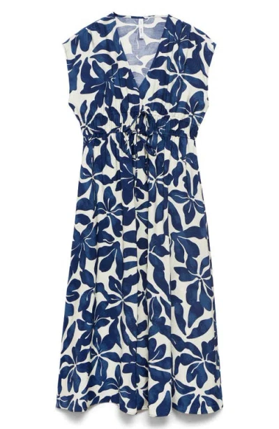 Mango Print Tie Waist Dress In Blue