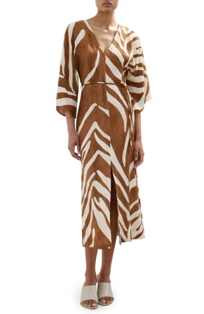 Mango Print Tie Waist Midi Dress In Brown