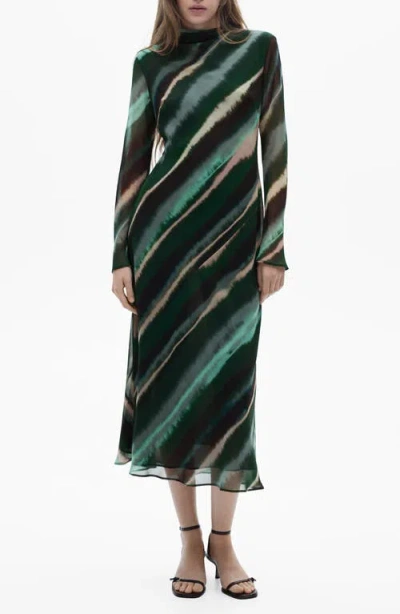 Mango Print Turtleneck Long Sleeve Maxi Dress In Green