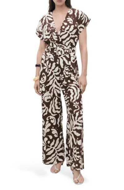 MANGO MANGO PRINT WIDE LEG LINEN BLEND JUMPSUIT