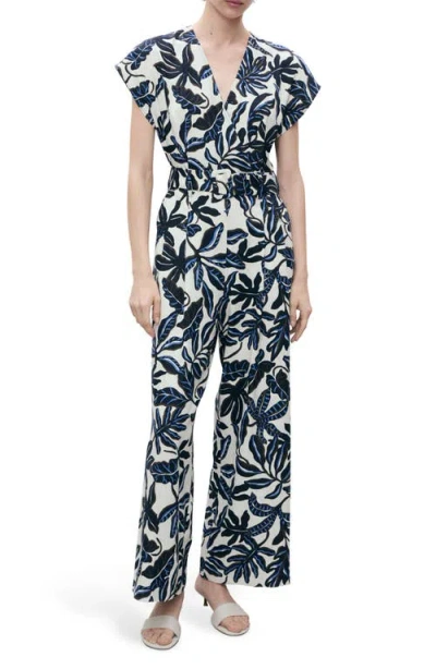 MANGO MANGO PRINT WIDE LEG LINEN BLEND JUMPSUIT