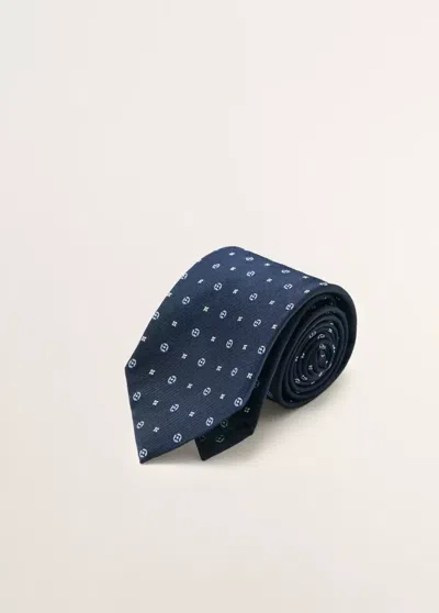 Mango Printed 100% Silk Tie In Navy
