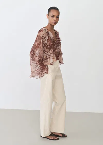 Mango Printed Blouse With Ruffles And Bow Detail Brown