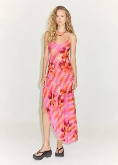 Mango Printed Dress With Asymmetrical Hem Pink