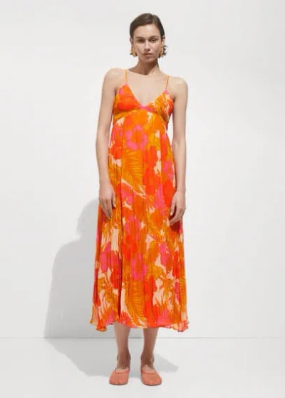 Mango Printed Dress With Draped Detail Orange