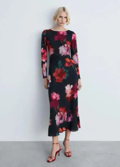 Mango Printed Dress With Flared Sleeves Black