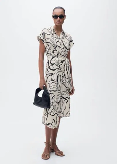 Mango Printed Dress With Knot Detail Ecru